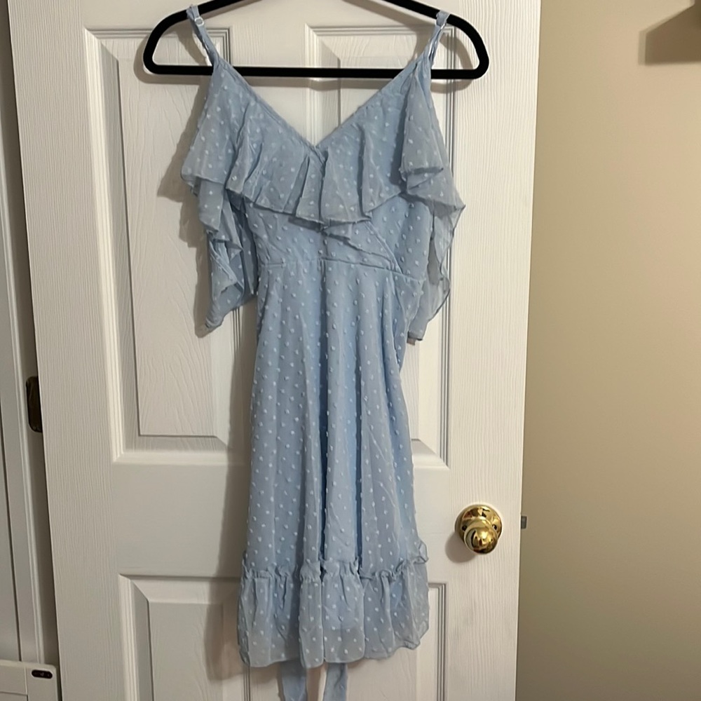 Swiss dot cold shoulder ruffle hem belted dress